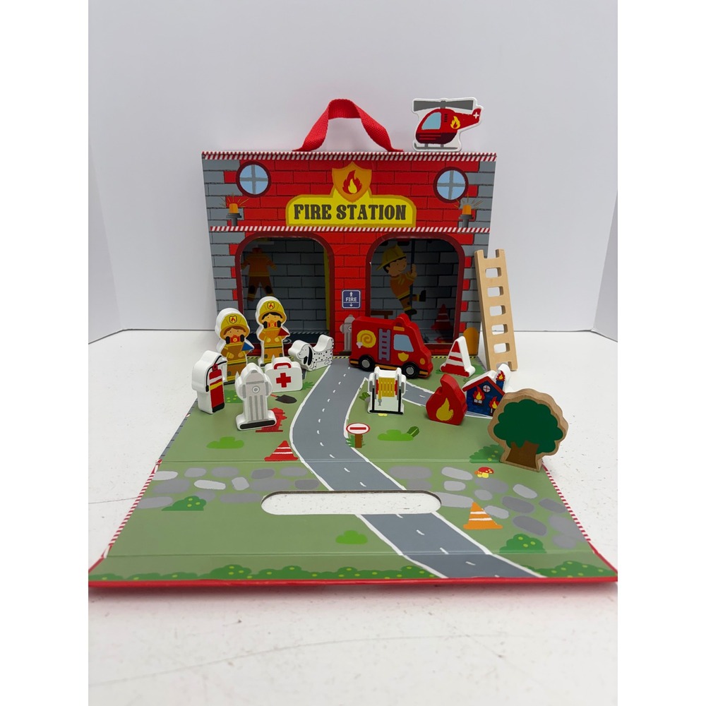 Mud Pie Fire Station Wood Play Set House Story Box Kids Toy Portable Carry Case